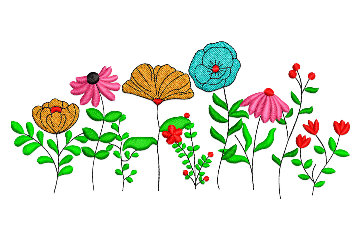 Colorful garden flowers embroidery border with orange poppies, pink echinacea, teal anemone and red wildflowers.