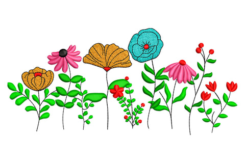 Colorful garden flowers embroidery border with orange poppies, pink echinacea, teal anemone and red wildflowers.
