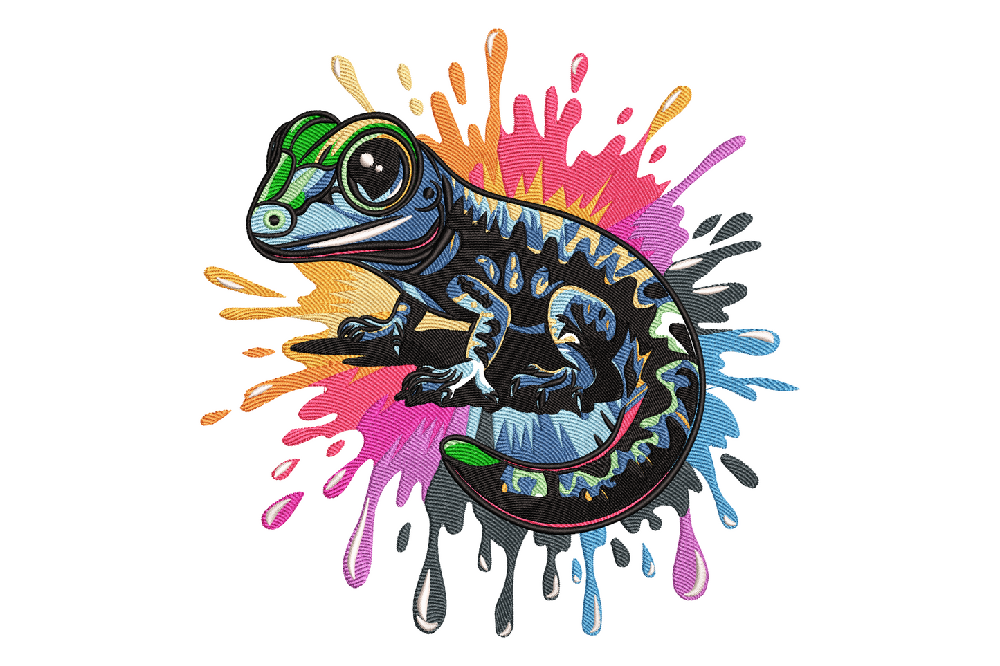 Colorful gecko embroidery, lime green and blue scale stitching with orange patches, 7.49 by 7.37 inches, 14 colours