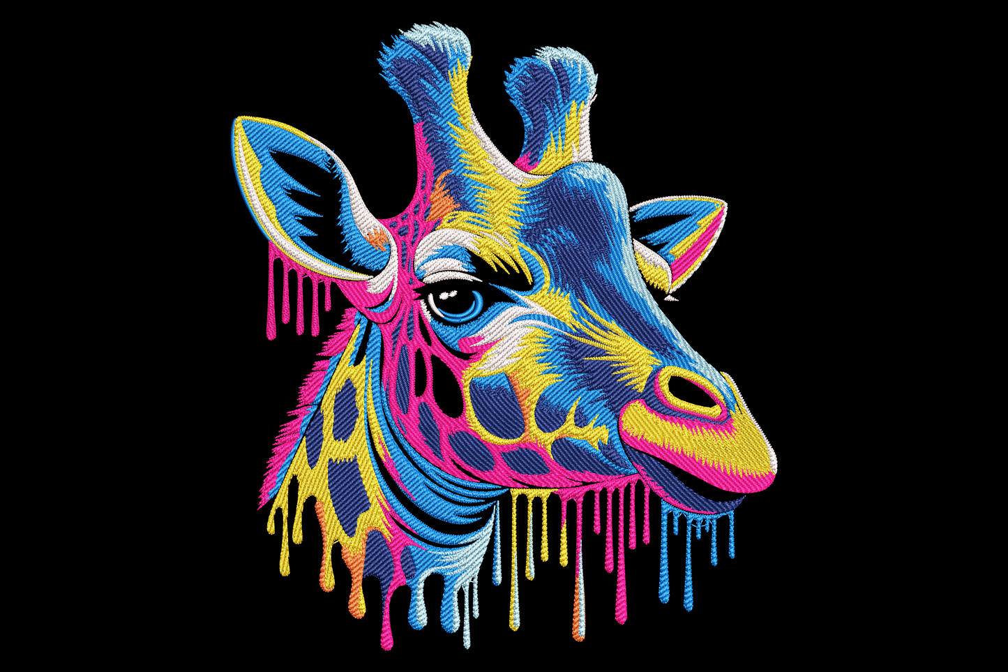 Colorful giraffe head embroidery in neon pop-art style, cobalt blue with hot pink and yellow drips and giraffe spot pattern on neck.