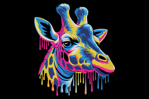 Colorful giraffe head embroidery in neon pop-art style, cobalt blue with hot pink and yellow drips and giraffe spot pattern on neck.