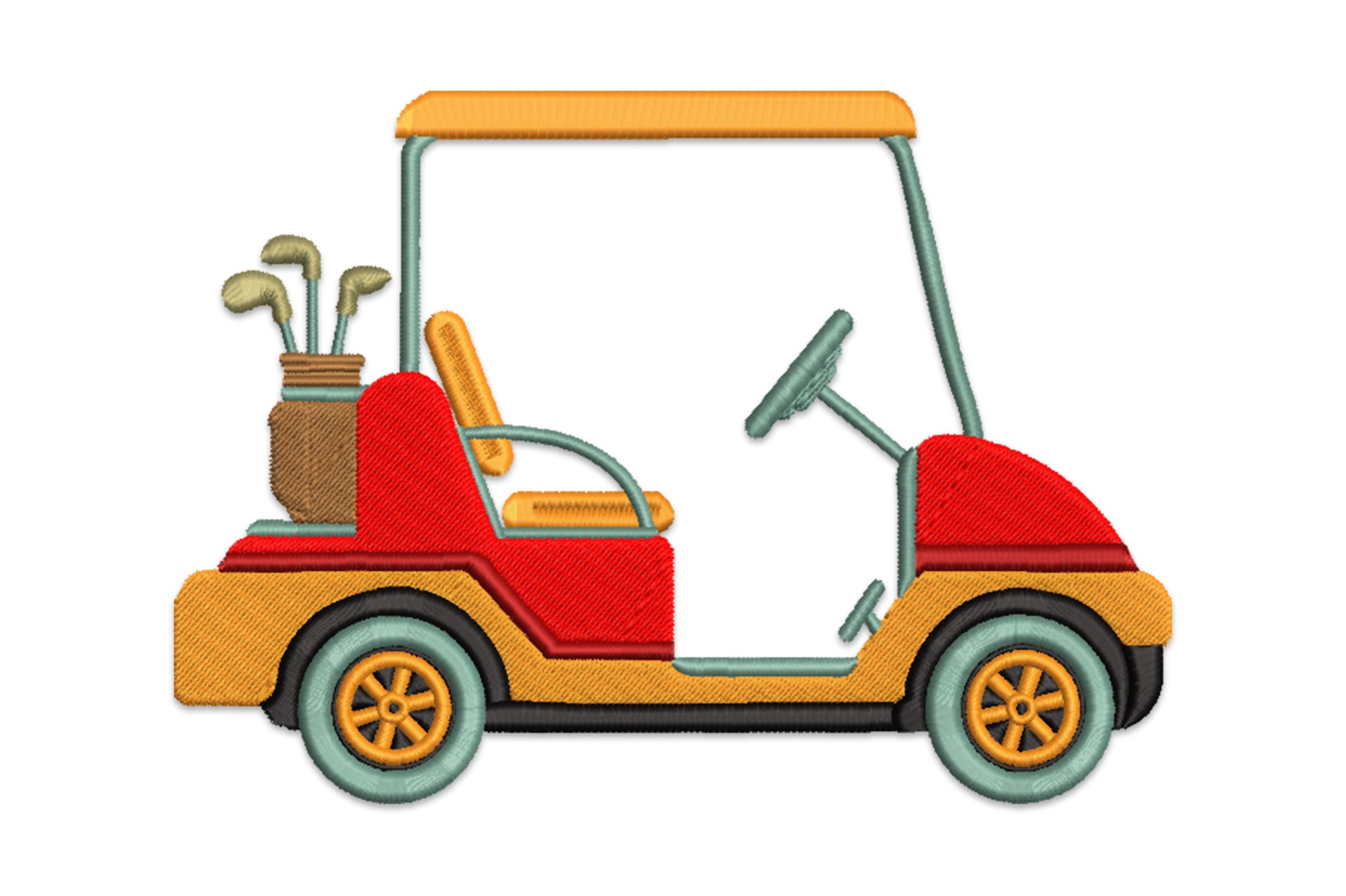 Colorful golf cart embroidery design, orange body, red seat, teal frame, brown golf bag with clubs on the back.