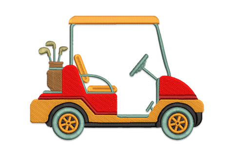 Colorful golf cart embroidery design, orange body, red seat, teal frame, brown golf bag with clubs on the back.