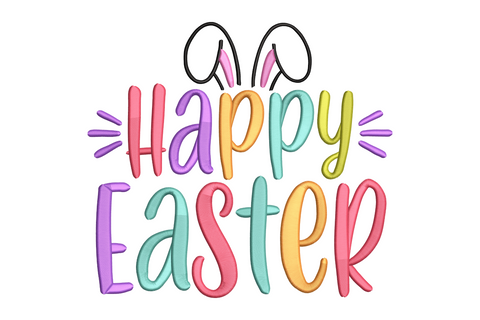Colourful Happy Easter embroidery design, rainbow multi-colour lettering with Easter accents, 7 colours, 5 sizes