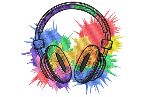 Colorful over-ear headphones embroidery in pop-art style with teal, coral and yellow fills on charcoal fabric