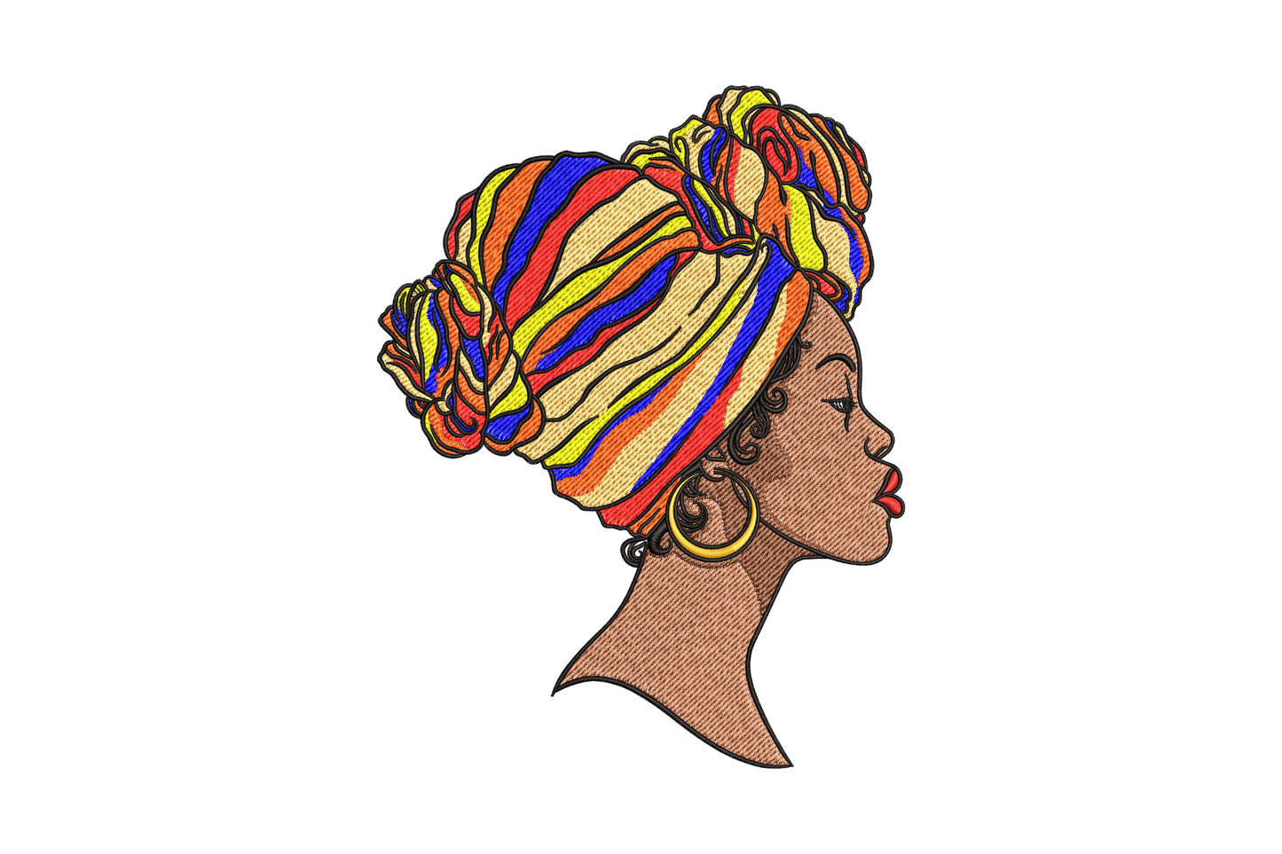 Colorful headwrap African lady embroidery, side profile in striped orange blue red yellow wrap with gold hoop.