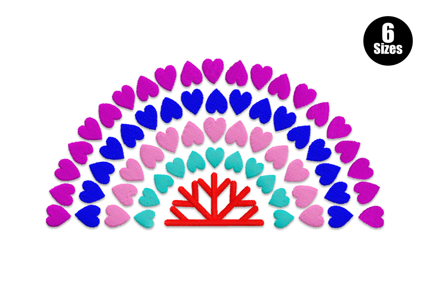 Colorful heart arch embroidery design with rows of small hearts in magenta, blue, pink and aqua forming a rainbow semicircle above a red branch motif.