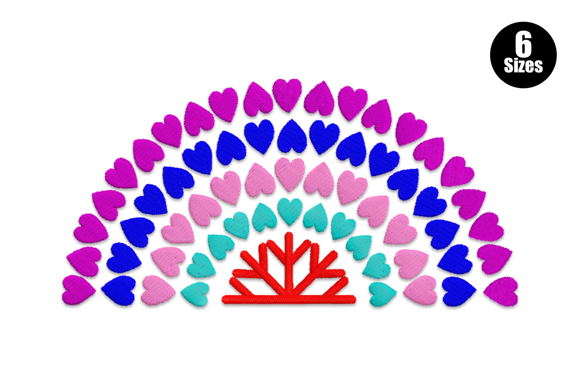 Colorful heart arch embroidery design with rows of small hearts in magenta, blue, pink and aqua forming a rainbow semicircle above a red branch motif.