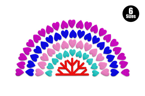 Colorful heart arch embroidery design with rows of small hearts in magenta, blue, pink and aqua forming a rainbow semicircle above a red branch motif.