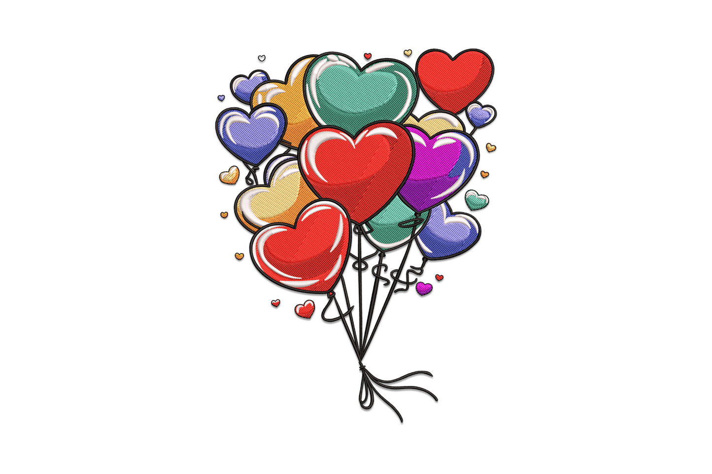 Machine embroidery design showing a cluster of 13-colour heart-shaped balloons tied together with ribbon strings, festive Valentine bouquet design in 5 sizes
