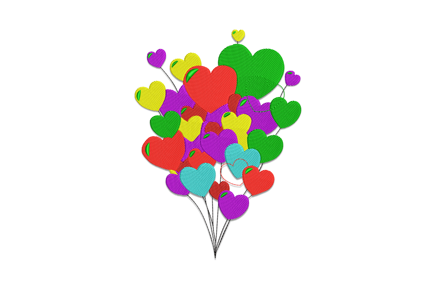 Heart balloon cluster embroidery in seven colors: red, green, purple, yellow and teal, with strings gathered at the base.