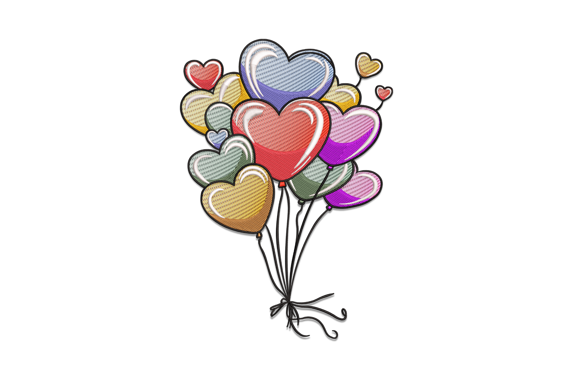 Colorful heart balloons embroidery design with 13 different colour hearts clustered with strings, wide composition, 5 sizes 3.51 to 7.51 inches