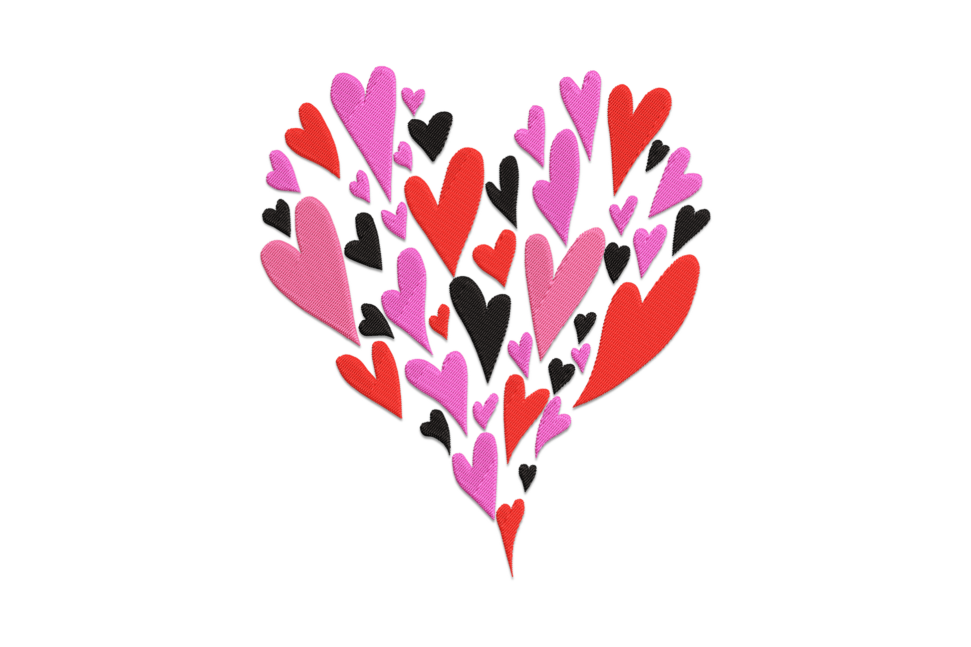 Machine embroidery tight cluster of small hearts in red pink magenta and coral thread packed closely together on white fabric