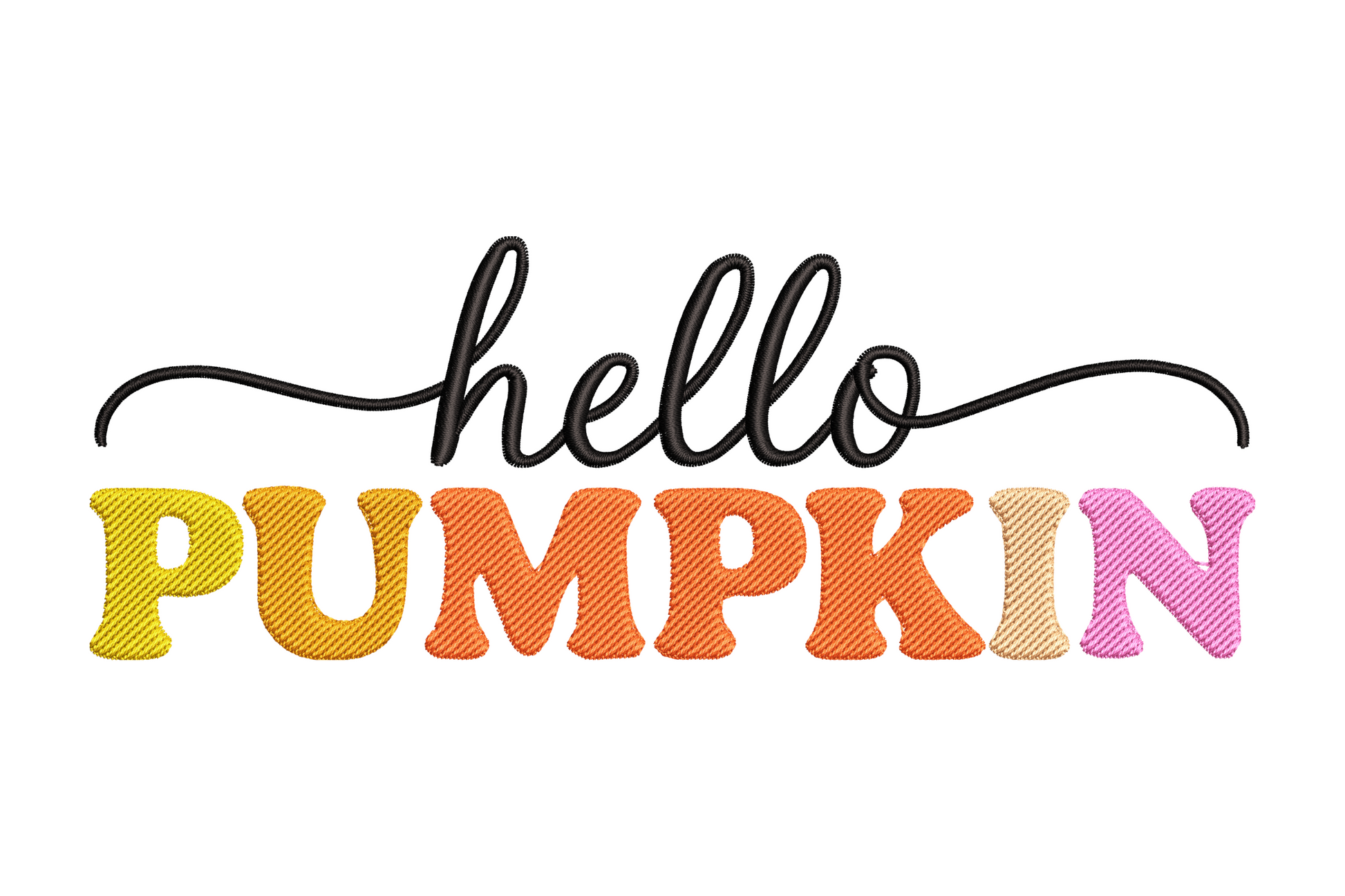 Hello pumpkin autumn typography embroidery design with thick rounded block letters in six colours including orange, yellow, rust and green.