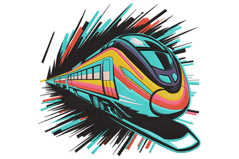 Colorful high-speed bullet train embroidery design with white nose, navy window line, rainbow panels and grey speed streaks.