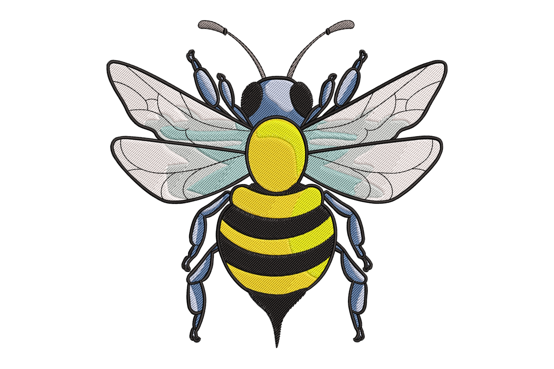 Colorful honey bee embroidery, blue-grey head, yellow striped abdomen, pale teal wings with vein lines and six jointed legs.