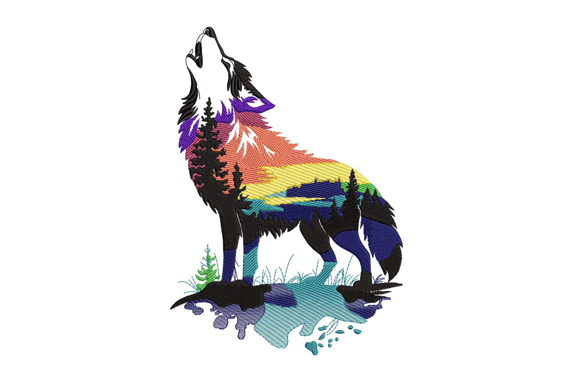Colourful howling wolf machine embroidery with gradient fur from amber to teal and indigo, directional stitching and dramatic open-mouth howl pose