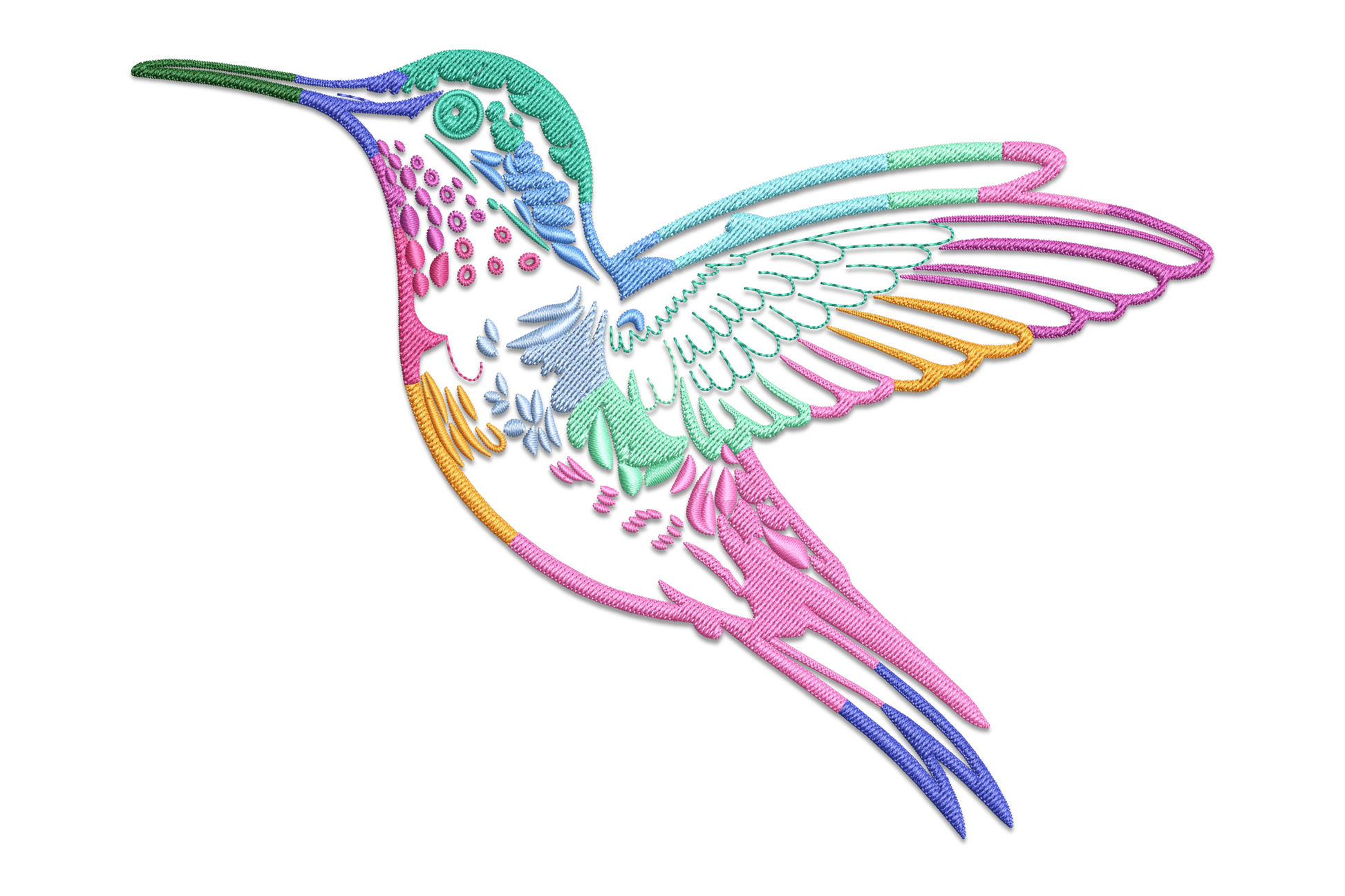 Colorful hummingbird embroidery design with teal head, hot pink body, blue and orange tail feathers