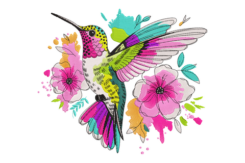 Colorful hummingbird embroidery, lime green body, hot pink and purple wings, teal tail, two pink flowers, orange and teal ink splashes behind.