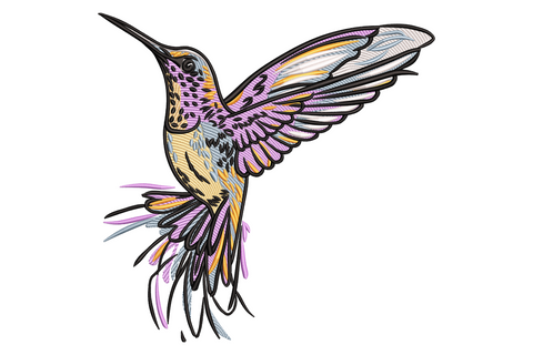 Colorful hummingbird embroidery, lavender and amber plumage, wings outstretched in hover flight with long curved beak.
