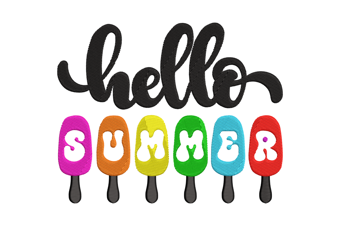 Colorful ice cream lettering embroidery with black hello script above six rainbow popsicles spelling SUMMER in white bubble letters.