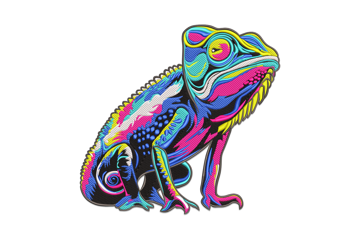 Colorful iguana embroidery design, full-body reptile in resting pose with detailed scaling in lime green, teal and orange thread