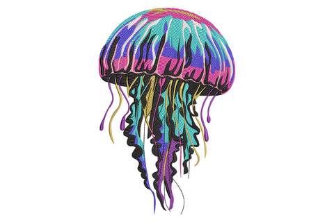Colorful jellyfish embroidery design with pink dome and trailing tentacles in teal, blue, purple and gold on white fabric