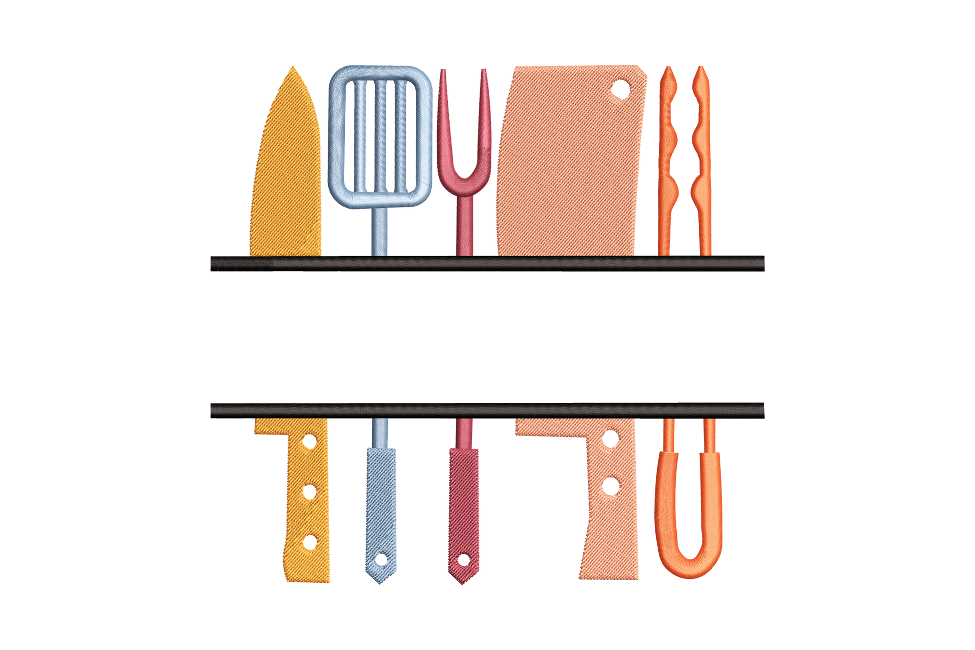 Colorful kitchen tools shelf embroidery design showing six utensils including spatula, whisk and tongs in orange, blue, dark red and salmon thread on a black shelf bar.