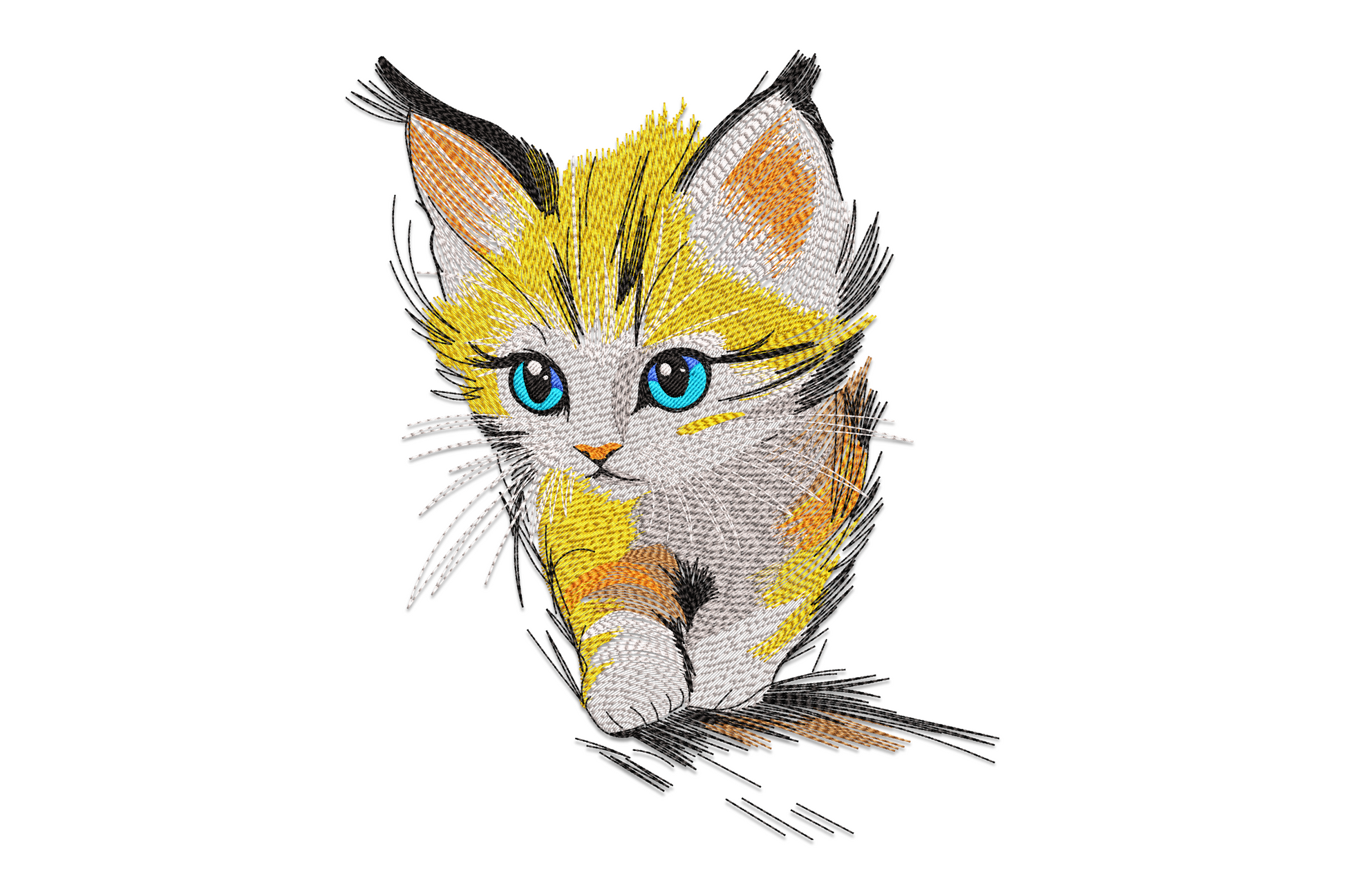 Colorful kitten face embroidery front-on with concentric satin eye fills in coral and teal, fine whisker lines, 10 thread colors, machine embroidery design on white background