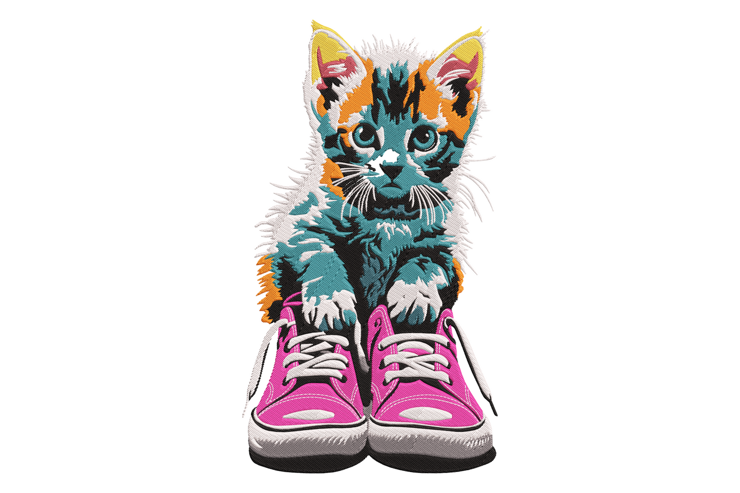 Kawaii kitten standing in colourful sneakers machine embroidery design, bold cartoon style in lilac fur and teal hoodie, 11 sizes up to 5.90 inches wide