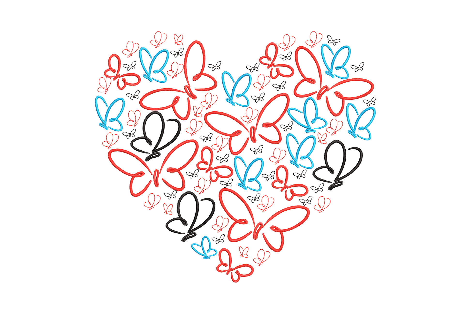 Heart shape packed with open-outline butterflies in red, blue and black, colorful valentine machine embroidery design