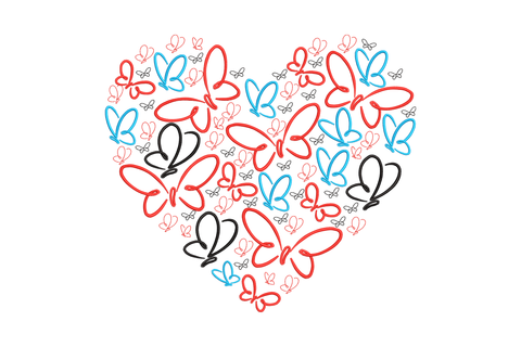 Heart shape packed with open-outline butterflies in red, blue and black, colorful valentine machine embroidery design