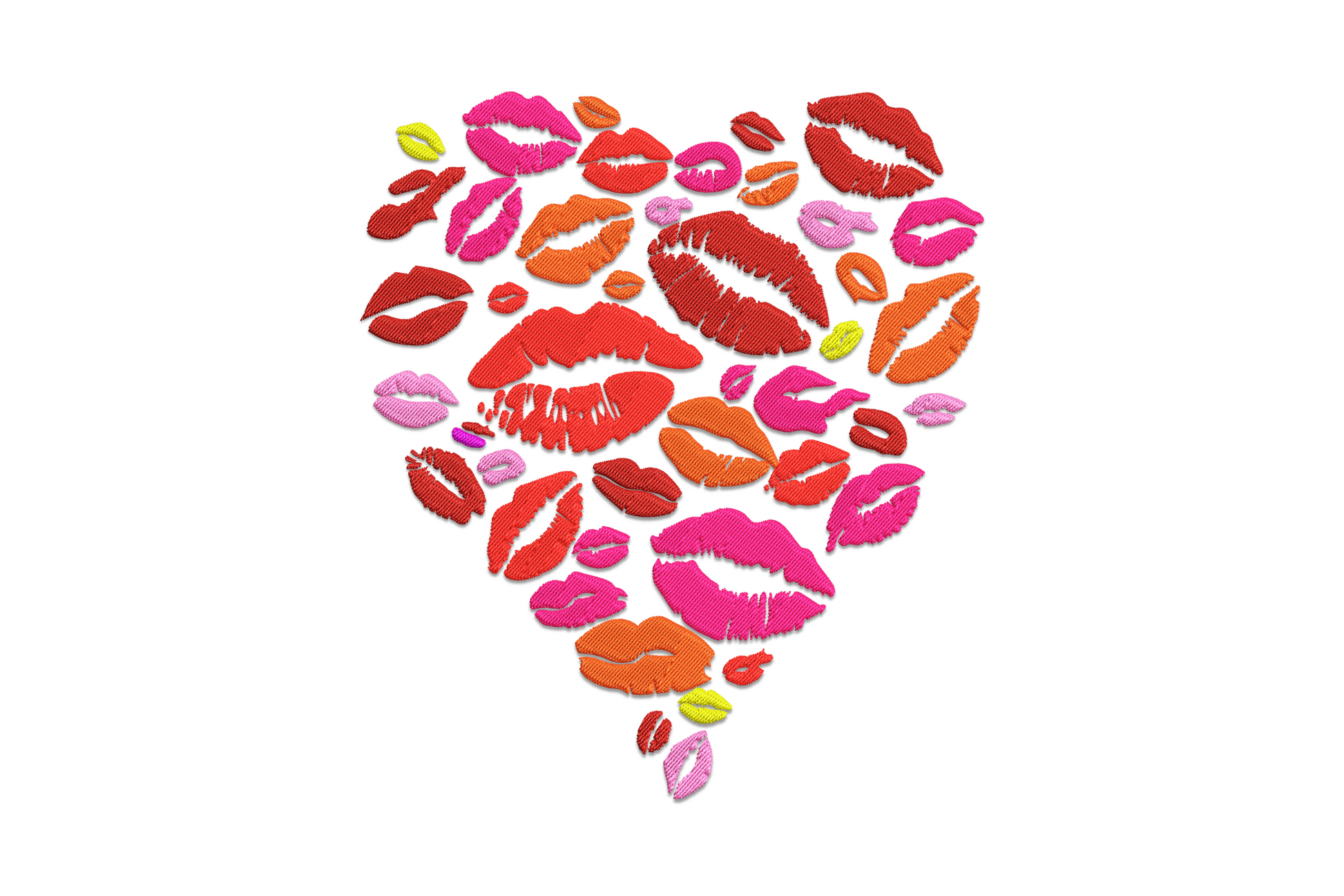 Heart shape built from multicolour lip kiss prints in hot pink, red, orange, magenta and lilac, 7-colour valentines embroidery