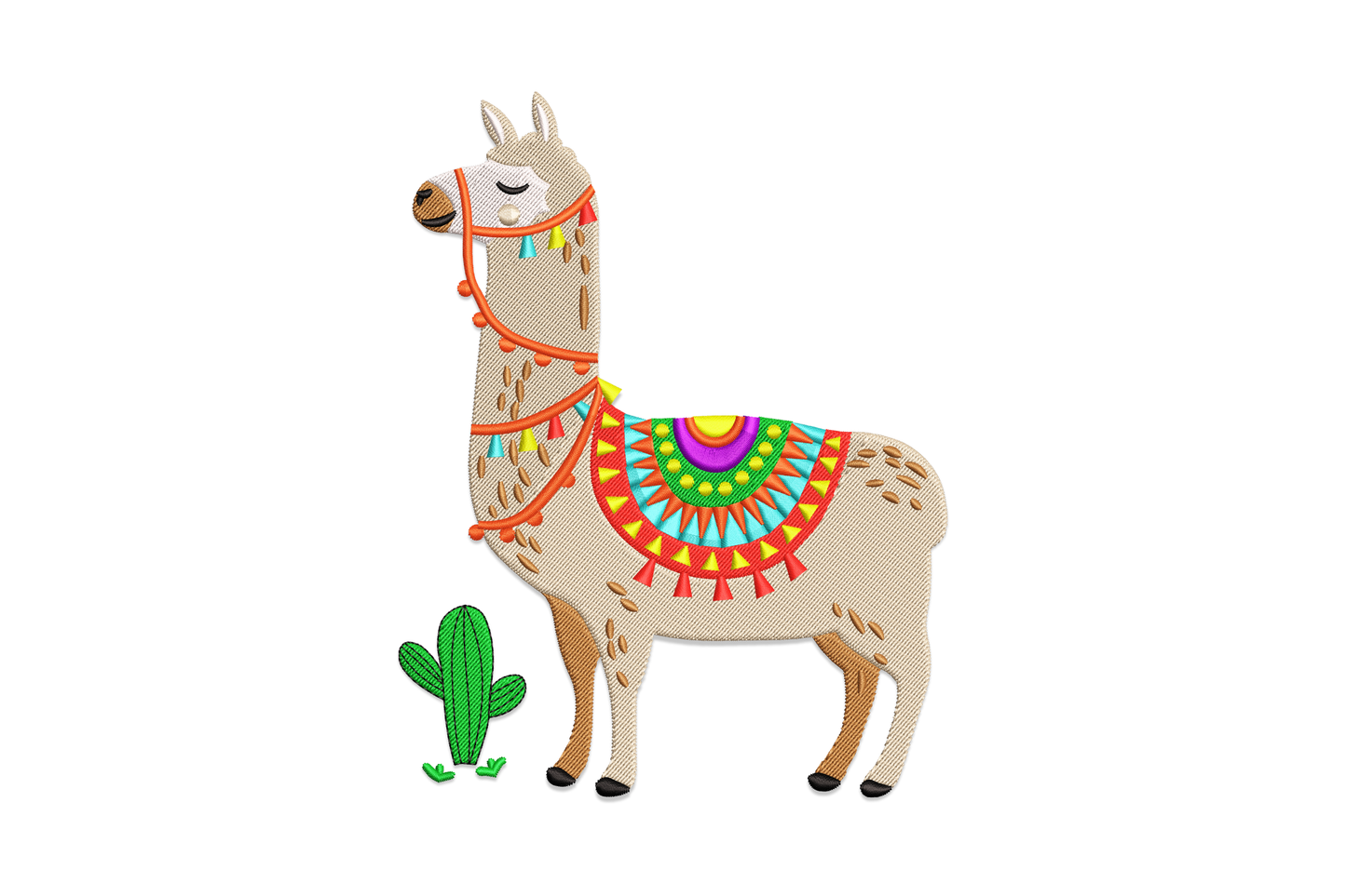 Colorful llama embroidery design with tribal saddle blanket in red, yellow, cyan and purple geometric bands, small cactus at feet.