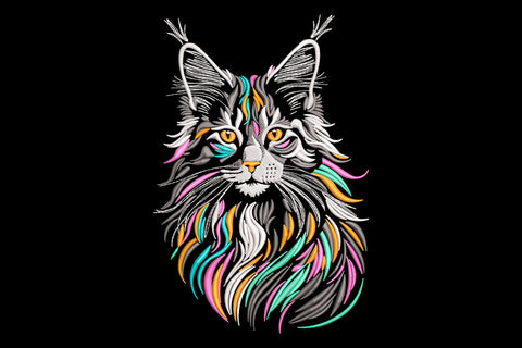 Colorful lynx cat embroidery design with grey face and long flowing fur streaks in hot pink, aqua teal and tangerine orange.