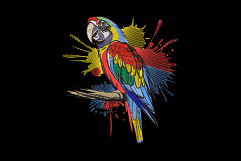 Colorful macaw parrot embroidery design, scarlet red body with blue wing feathers and yellow patches, 14 colours, detailed realistic tropical bird portrait