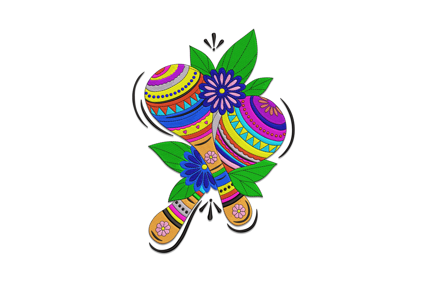 Colorful maracas embroidery with Mexican folk art geometric and floral patterning in 15 colours including pink, yellow and cobalt blue.