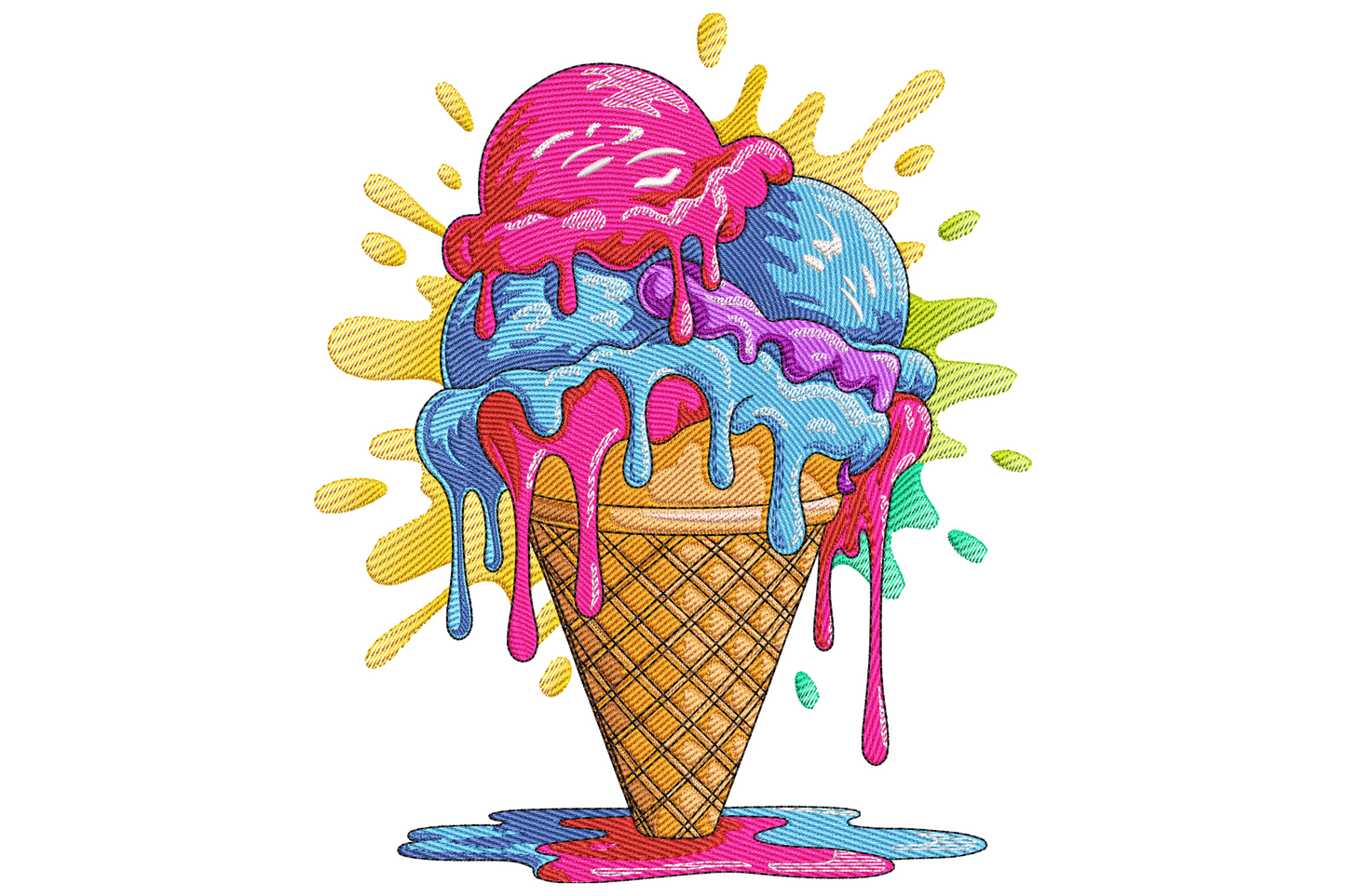 Melting ice cream cone embroidery design with pink, mint and peach scoops dripping down a mustard waffle cone with sprinkles.