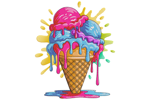 Melting ice cream cone embroidery design with pink, mint and peach scoops dripping down a mustard waffle cone with sprinkles.