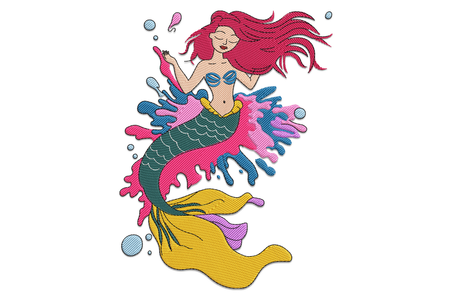 Colorful mermaid embroidery mid-splash with magenta hair flying upward, teal scaled tail, surrounding water and coral shapes, machine embroidery design on white background