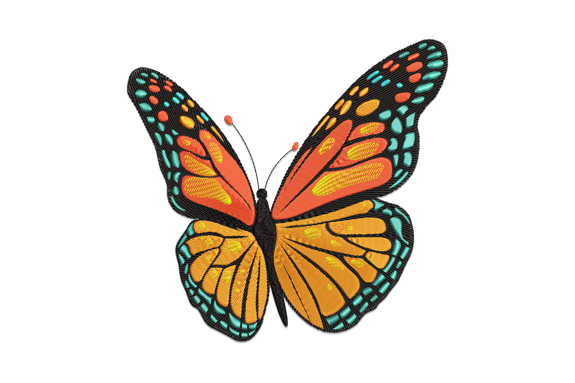 Colorful monarch butterfly embroidery design with orange wing panels, teal scalloped borders, and black vein detail