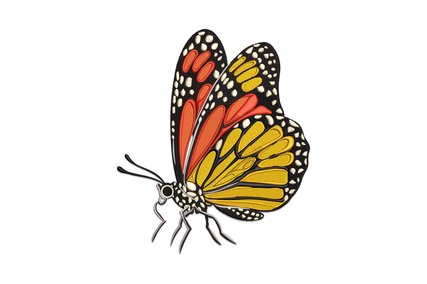 Realistic monarch butterfly embroidery design in side profile with red orange yellow wing fills, black borders and white spots