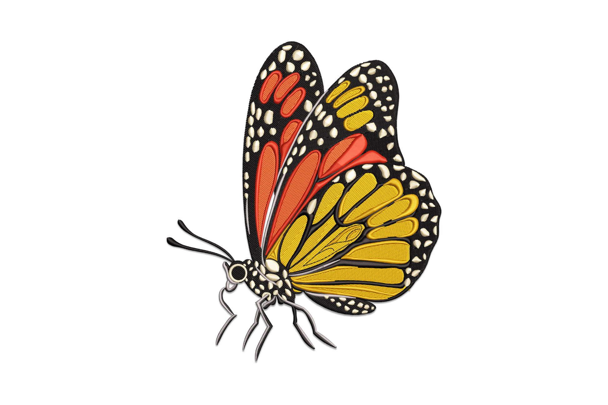 Realistic monarch butterfly embroidery design in side profile with red orange yellow wing fills, black borders and white spots