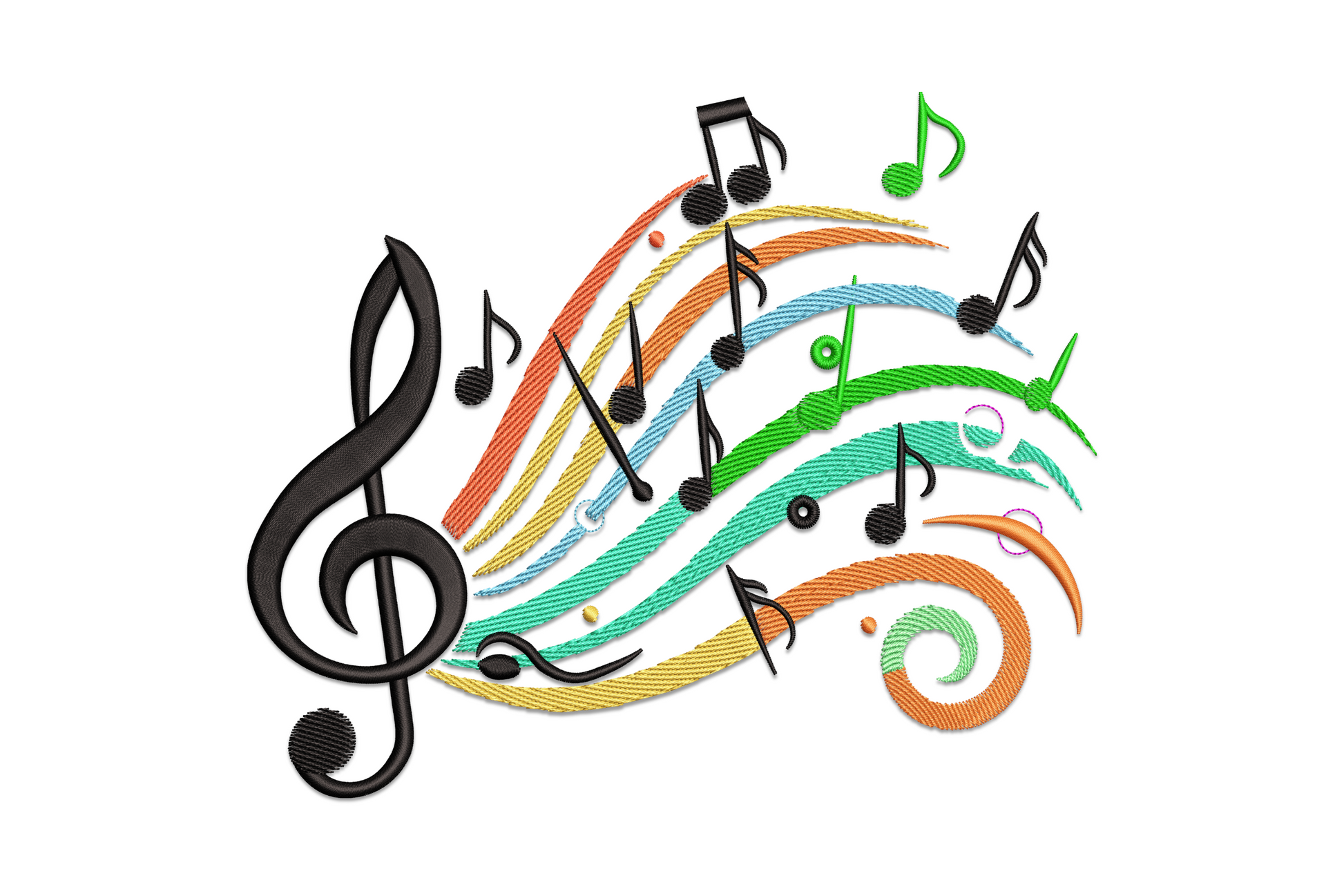 Colourful music notes embroidery, treble clef with notes across 9-colour ribbon bands in teal, mustard and coral.