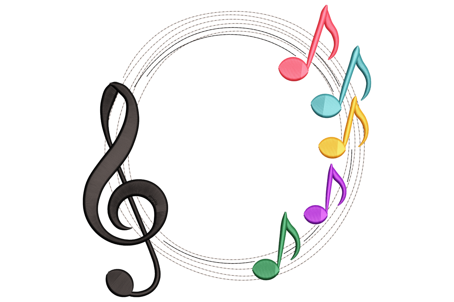 Colourful musical notes frame embroidery with large black treble clef and eight rainbow-coloured notes floating around a circular music staff.