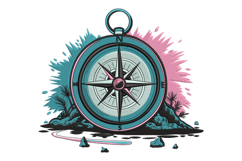Colorful navigation compass embroidery, teal aqua body with pink accent points on a tropical island base with rocky terrain.