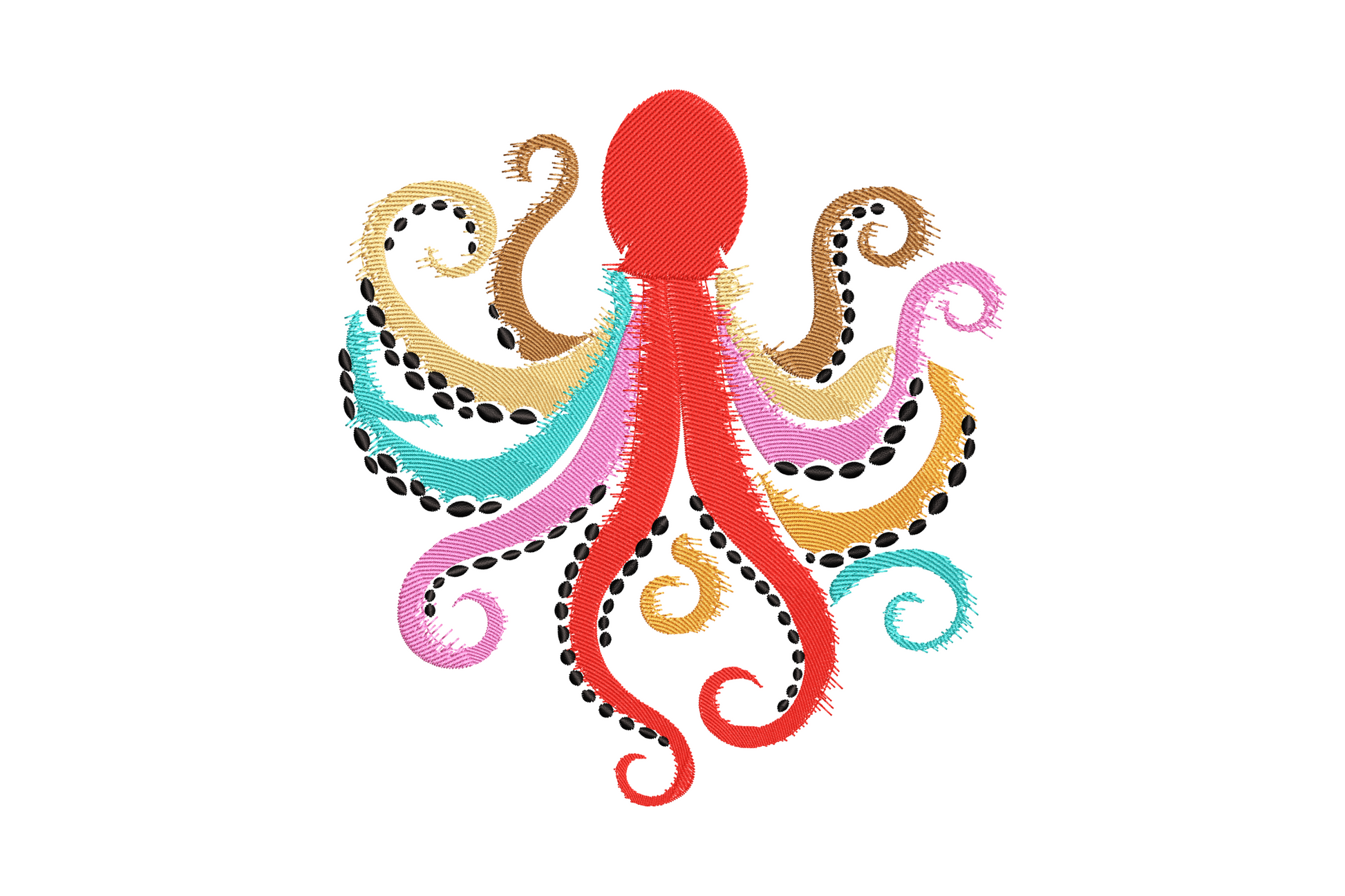 Colorful octopus embroidery with bright red body and eight curly tentacles each in different colour, black suction cup dots along each arm