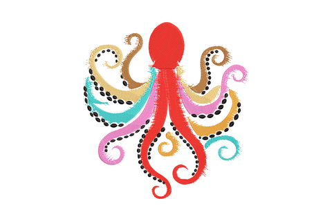 Colorful octopus embroidery with bright red body and eight curly tentacles each in different colour, black suction cup dots along each arm