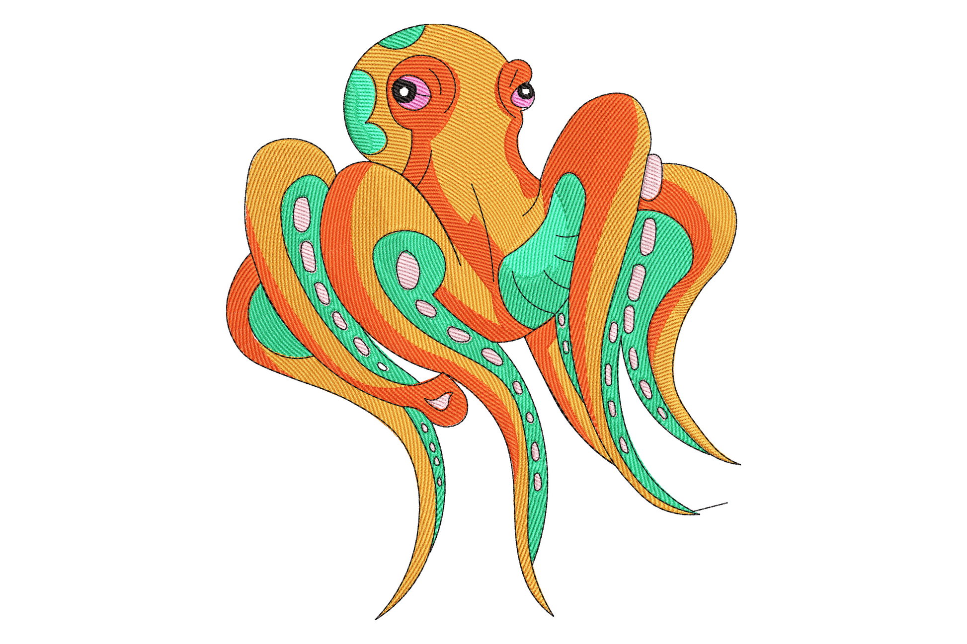 Colorful octopus embroidery with coral pink head, smiling face and rainbow tentacles in mint lemon peach lavender.