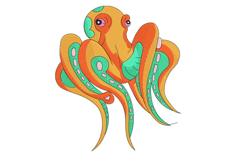 Colorful octopus embroidery with coral pink head, smiling face and rainbow tentacles in mint lemon peach lavender.